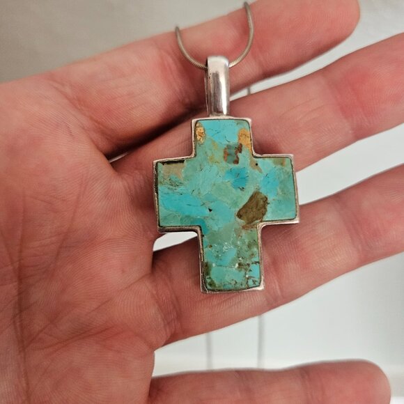 Turquoise Cross Pendant Necklace with Silver Chain - Picture 3 of 5